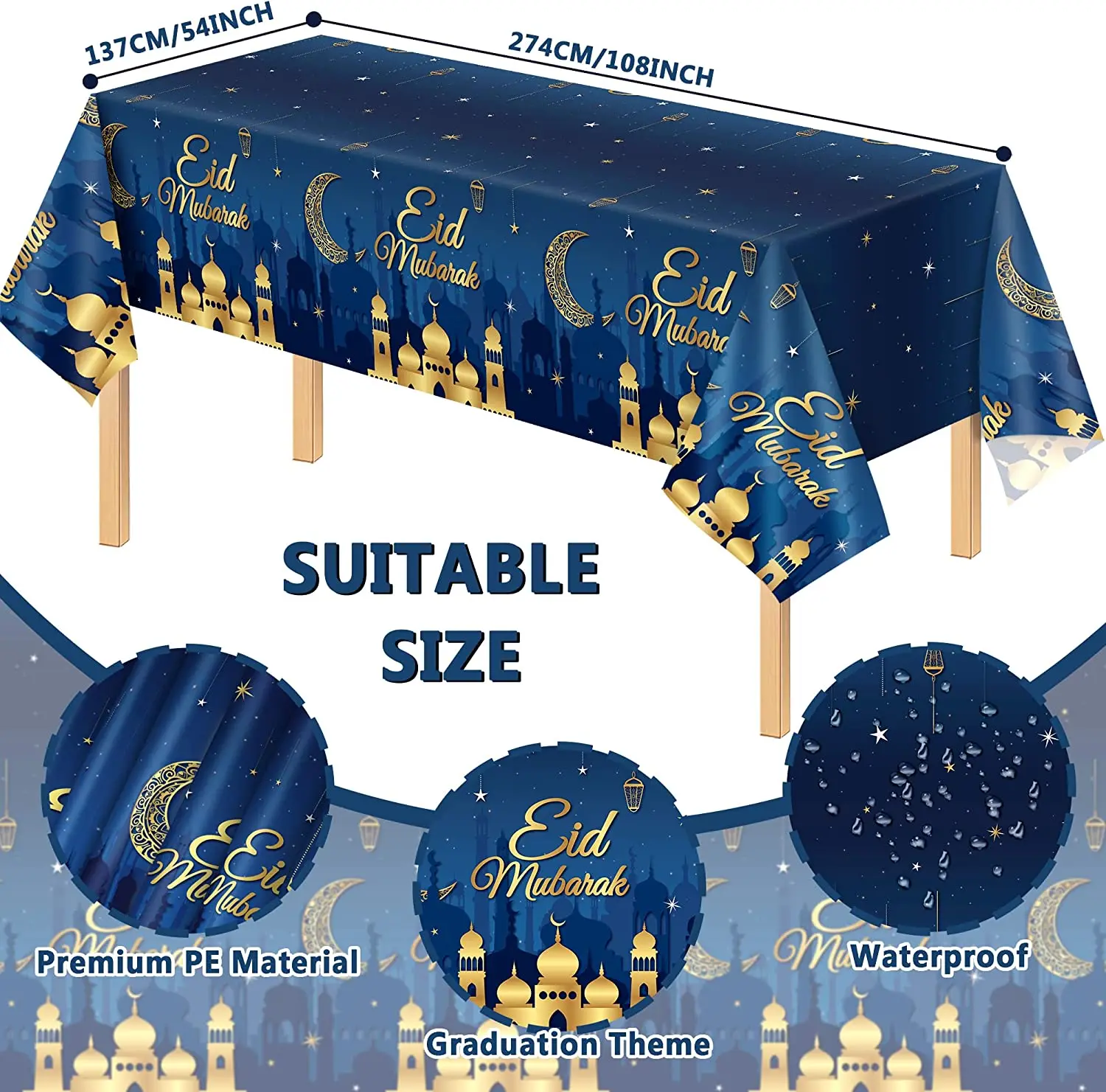 Plastic Tablecloth Eid Mubarak Table Cover for Ramadan Party for Wedding Banquet Birthday Home Use Muslim Theme Navy Blue Free