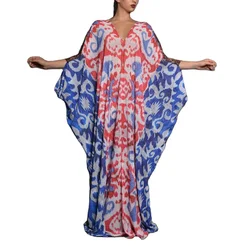 Loose Short Sleeve Striped Print Large Size V-neck Cape Dress Summer Muslim Holiday Women