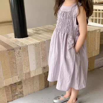 Girls dress summer 2024 New children solid color simple style vest skirt cotton dress western style