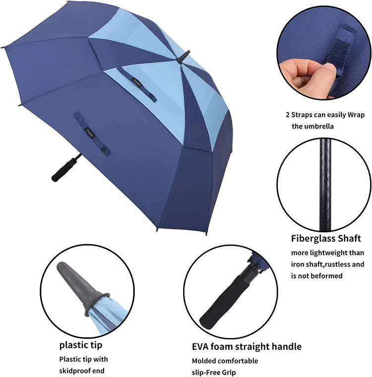 54/62/68 Inch Oem Rpet Square-Shaped Golf Umbrella Double Layers Vent Strong Umbrella With Logo Windproof