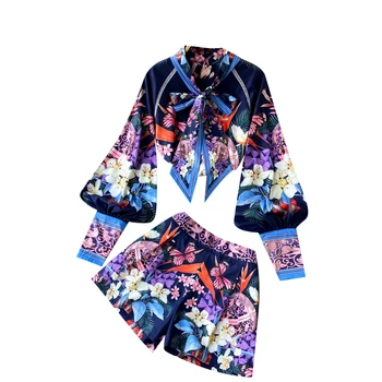 2021 Spring New Women's Elegant Shirt High Waist Wide Leg Short Pants Fashion Flower Printed Two-Piece Suit Top and Pants