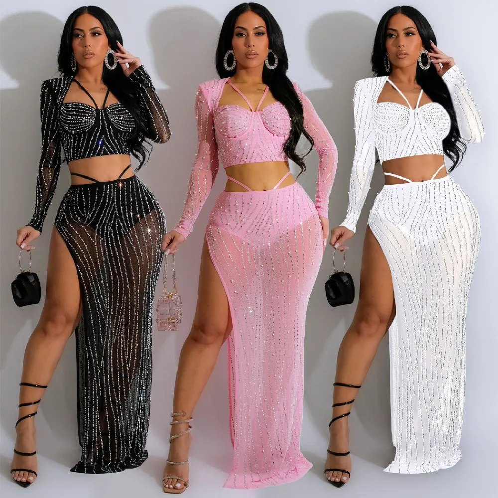C6861 Club Two Piece Set Women Clothing Mesh Rhinestone Long Sleeve Top and  Maxi Skirt Sets Women Piece Outfits for Women - Main Image