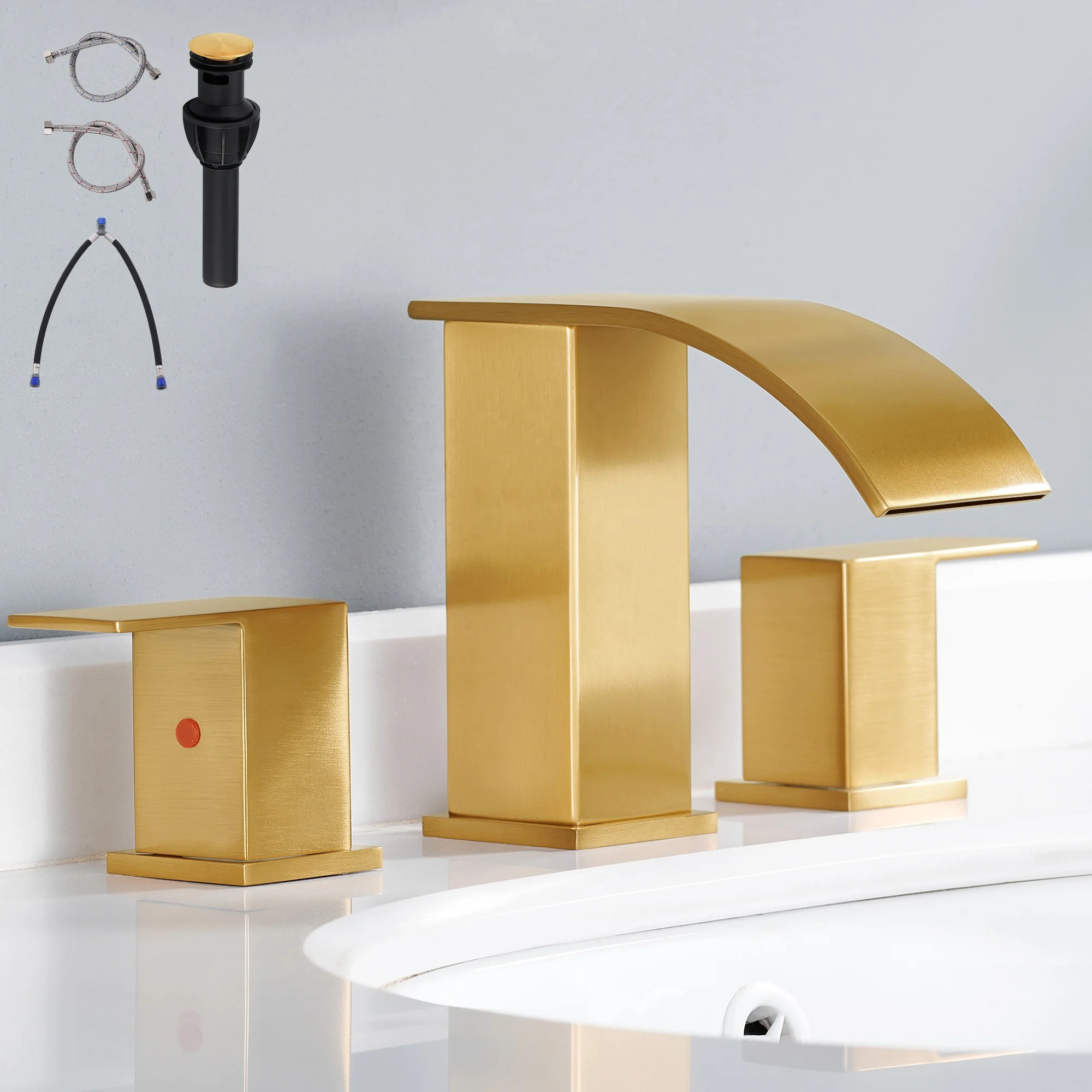 Modern Brushed Gold Dual Handle 3 Holes 8 Widespread Deck Mount Basin Faucet 304 Stainless Steel Ceramic