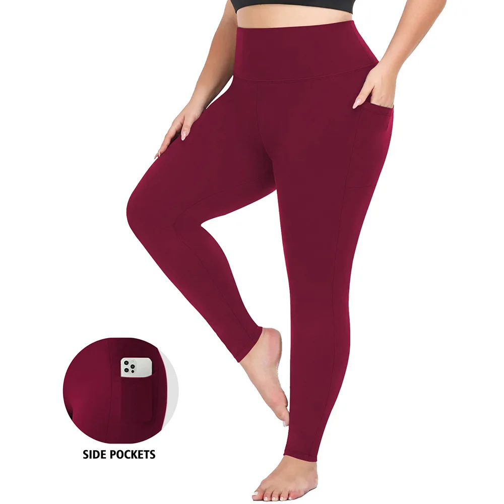 Plus Size Solid Yoga Pants Spandex/Nylon Elastic Waist Four-Way Stretch Pocket Style Hig preview