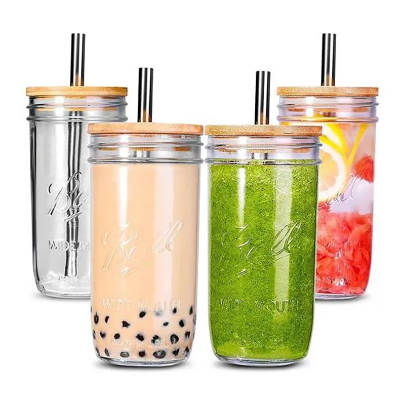 Transparent Boba Tea Glass Cup With Lid and Straw