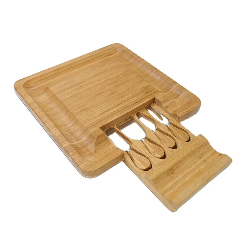 Разделочная доска с бамбуковым сыром набор столовых приборов 4 ножами слайсер инструменты выдвижная посуда ящик для сыра