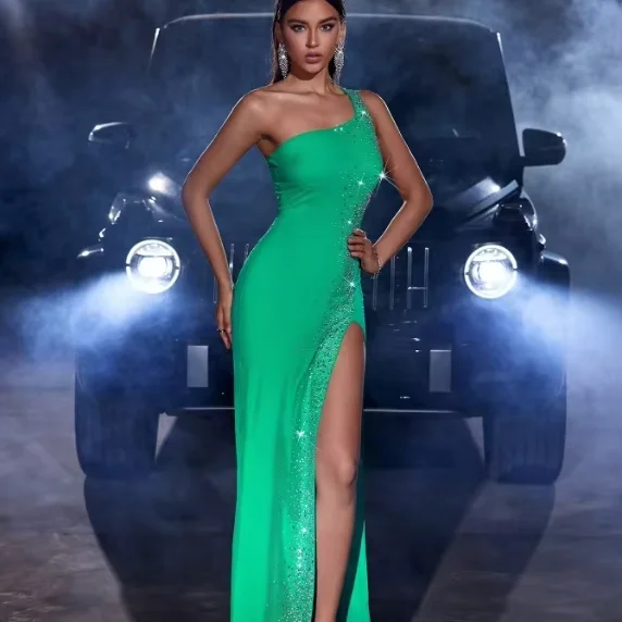 D&M European and American Modest A-Line Evening Dress Sequined Slit With  One Shoulder Dresses Luxury Elegant Sexy Long Dress