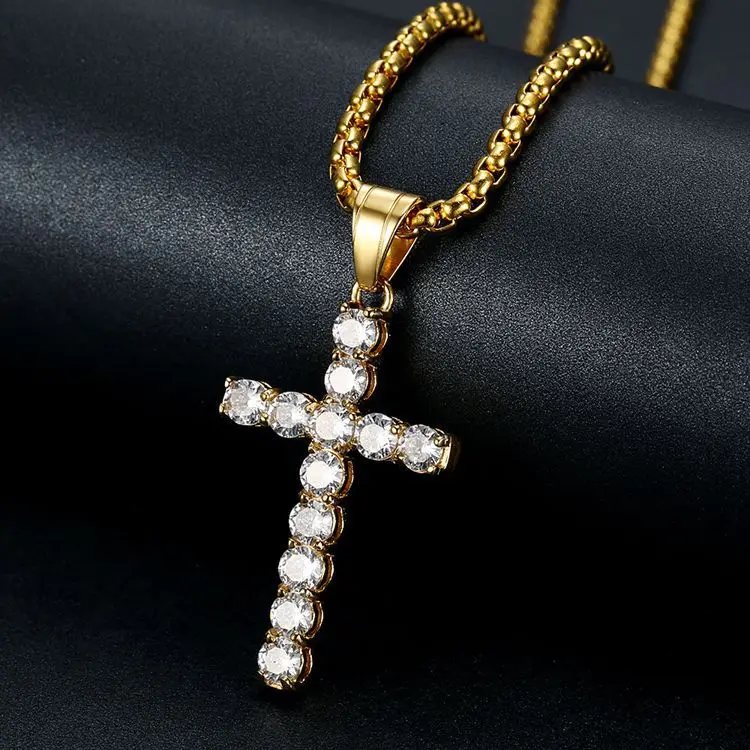 Small 18k Gold Plated Stainless Steel Jewelry Iced Out Zircon Diamond  Crystal Cross Pendant Necklace