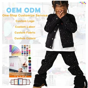 Custom Children Girl Clothes Custom Designer Denim Rhinestone Jacket and Jeans Set Kids Tracksuit Girls Clothing Sets