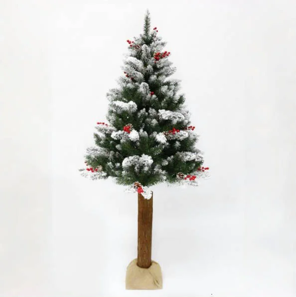 Novel  Hinged  Christmas  Tree with Wooden Trunk PVC Tips  Red Berry and Pine Cone Decorated  Artificial Tree