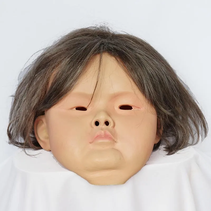 Realistic Human Face Latex Mask with Wig Full Head Silicone Funny Baby Girl Joke Novelty Costume Mask for Adult