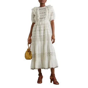 Clothing Manufacturer Custom White Crew Neck Short Sleeve Ruffle Crochet Cotton Blend Women Elegant Casual Midi Dress