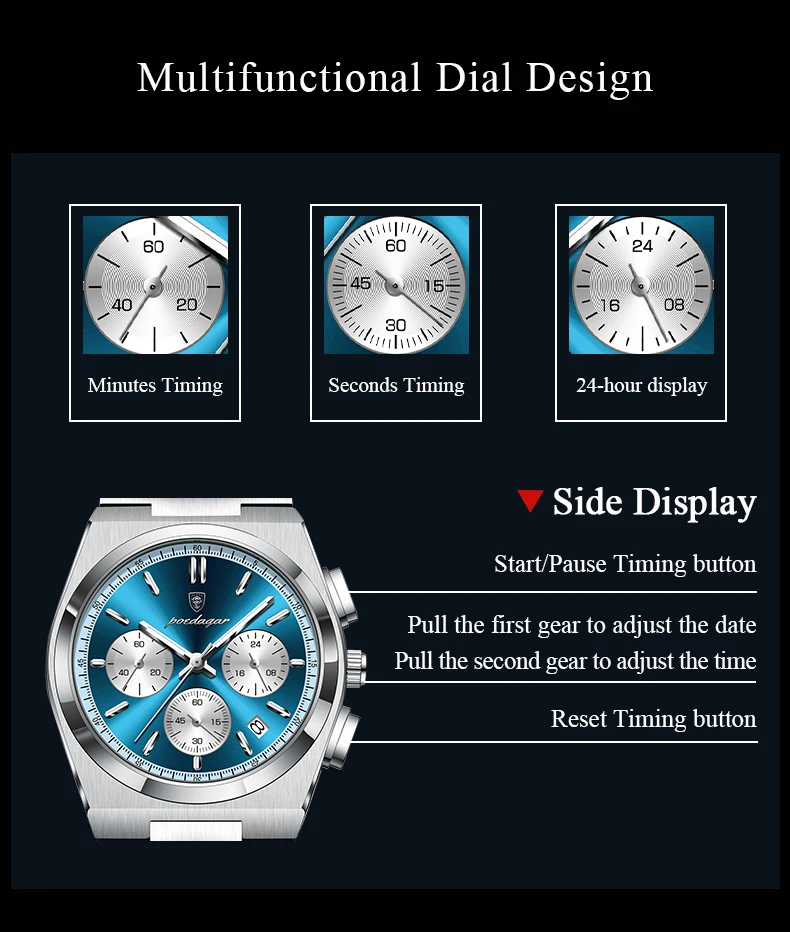 POEDAGAR 970 New Luxury Men Quartz Clock Sport Watch For Men Waterproof Luminous Date Chronograph Stainless Steel Men's Watches