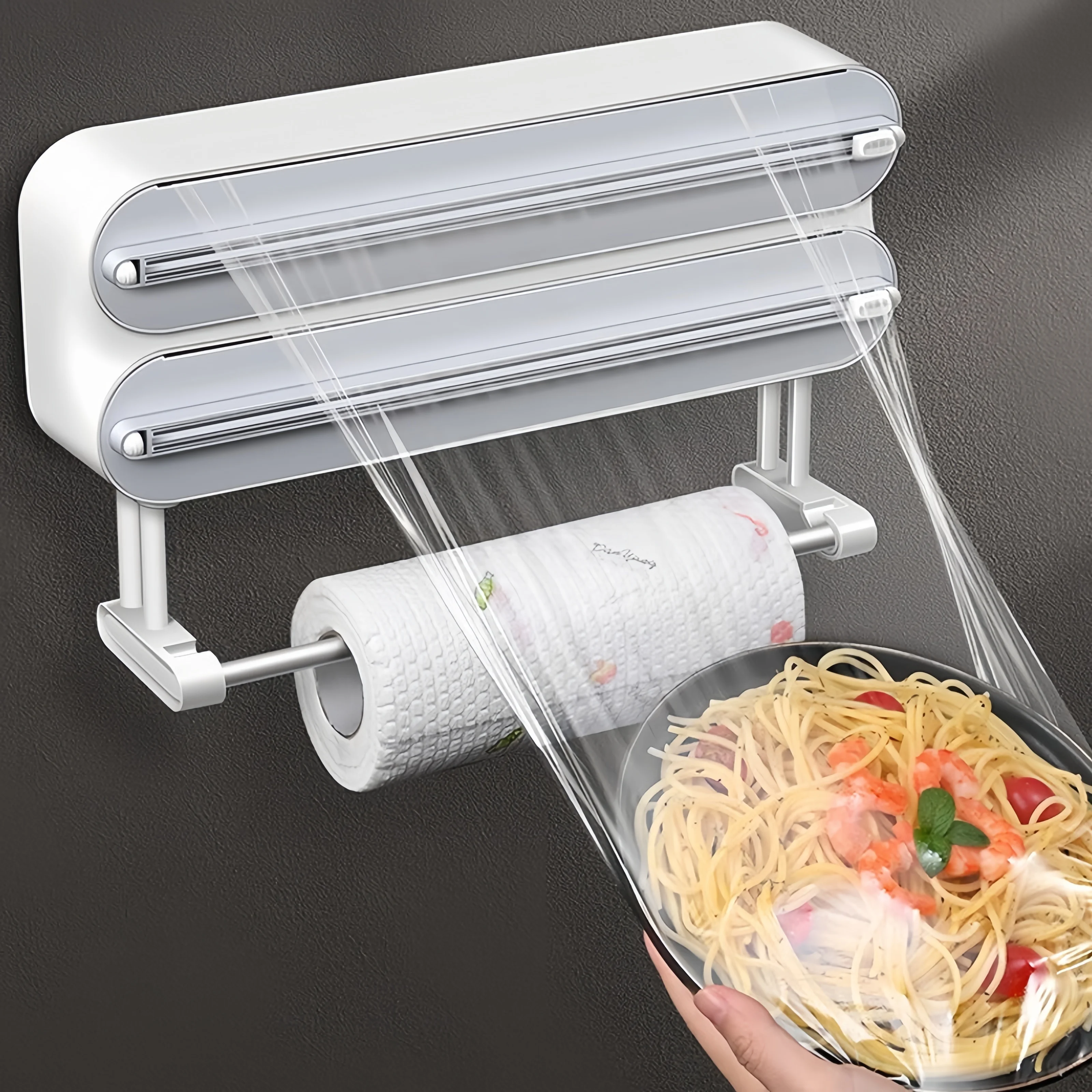 Cling Film Dispenser & Cutter Wall Mount Magnetic Plastic Kitchen Holder for Baking Paper Roll Foil & Plastic Wrap Organizer