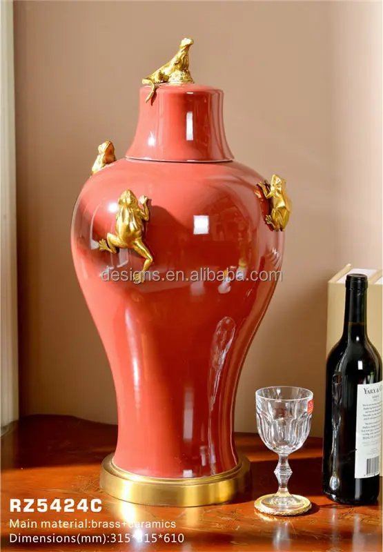 Chinoiserie Home Decor Custom Oriental Asian  Bronze Ormolu Red Chinese Porcelain Brass Urn Vase Pot Ginger Jar
