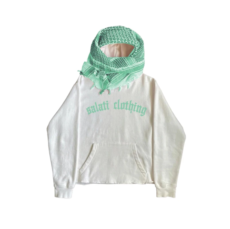 Salati Manufacturing Custom Pullover Raw Hem Heavy Cotton No String Screen Printed Logo Streetwear Unisex Men Hoodies With Scarf gallery 8