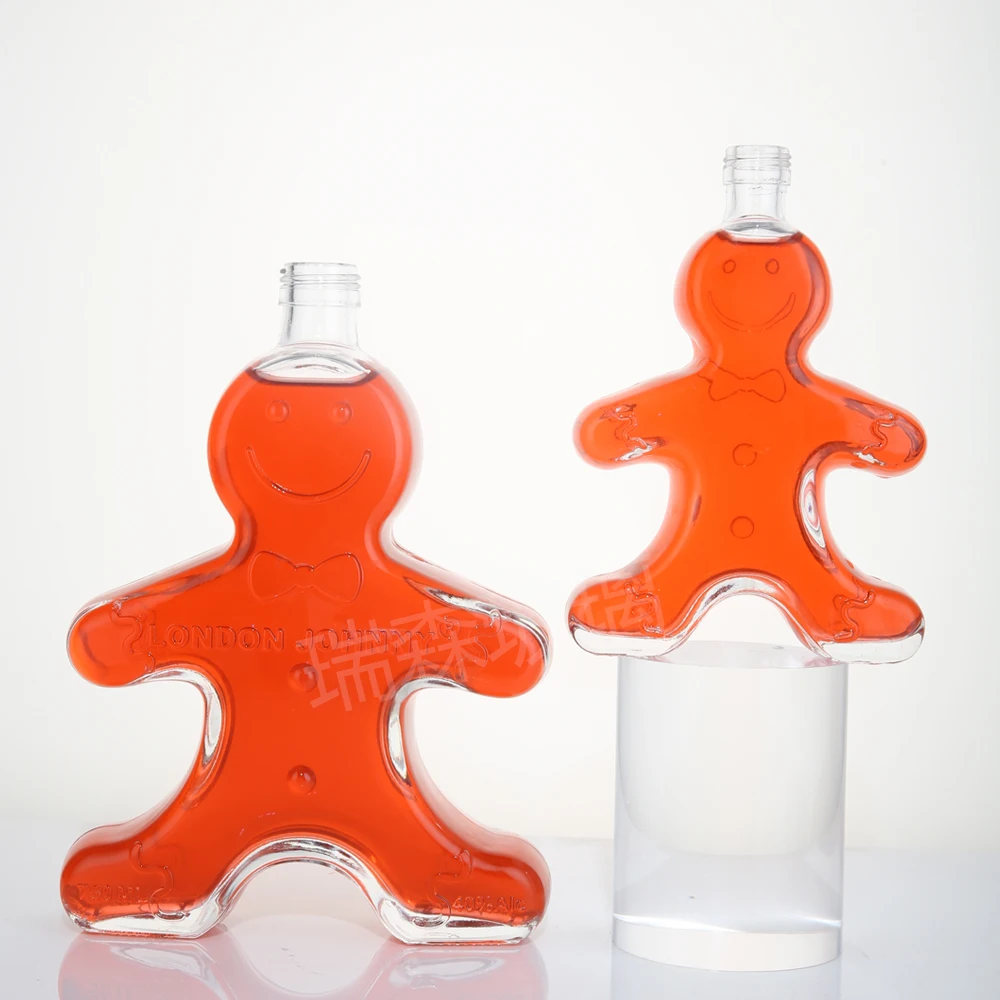 500ml Custom Gingerbread Human Shape Glass Bottle Long Neck Can Hold Whiskey Brandy with Cork Bottle Stopper