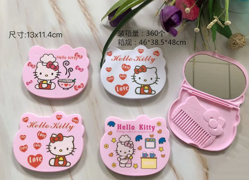 Compact Cartoon Mini Makeup Handheld Mirror With Comb Set Kitten