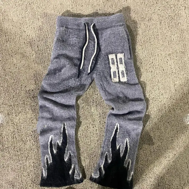 Custom Logo New Solid Color Mohair Trousers Winter Warm Knitted Drawstring Sweatpants Fuzzy Flared Pants for Men gallery 3