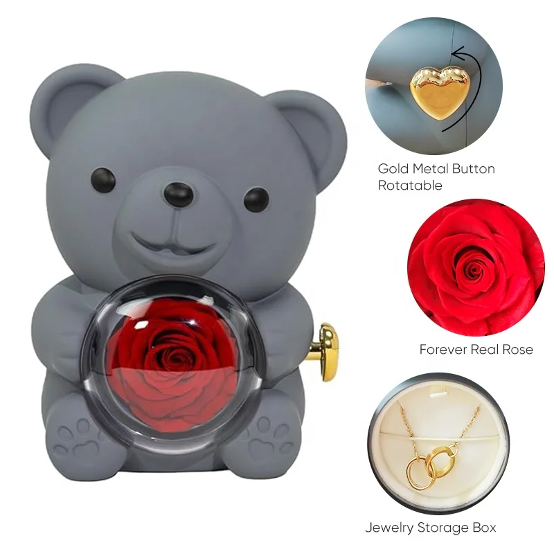 Dropshipping New Hot Preserved Real Red Rotating Rose Teddy Bear Jewelry  Gift Box with Round Necklace Gifts for Women Mom Wife