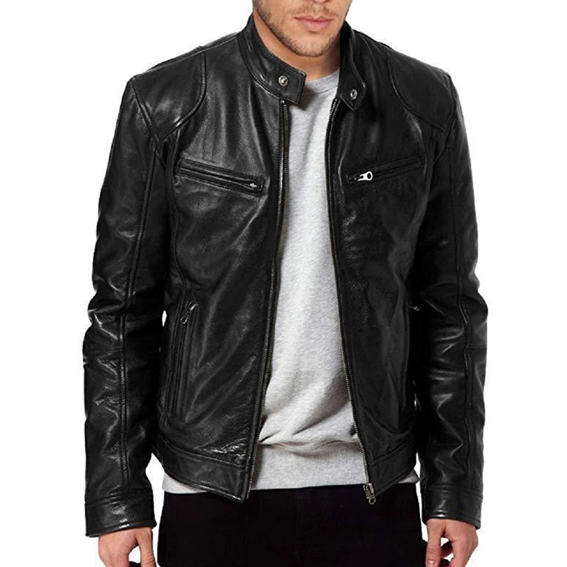 2024 PU Leather Zipper Men Spring Autumn Coat Men's Fashion Stand Collar Slim Casual Tops Jacket_voghion.com