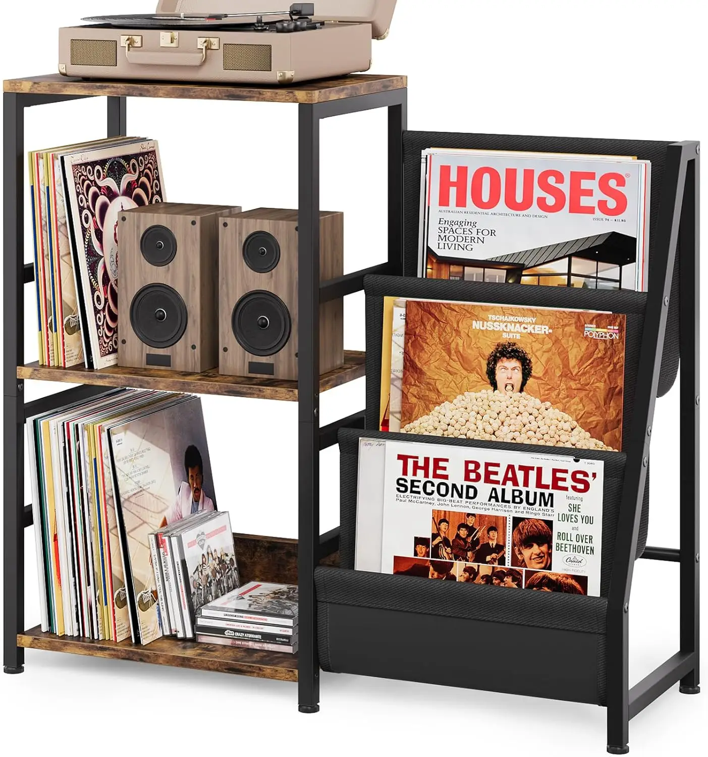 Modern Rustic Home Living Room Furniture Steel Wood Vinyl Table Record CD Storage Rack Shelf Magazine Racks Record Player Stand
