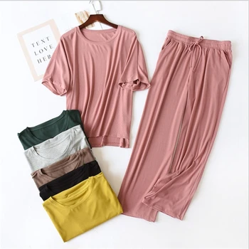 China Wholesale Clothes Women 2pcs Long Sleeve Modal Pajamas Set Solid Nightwear