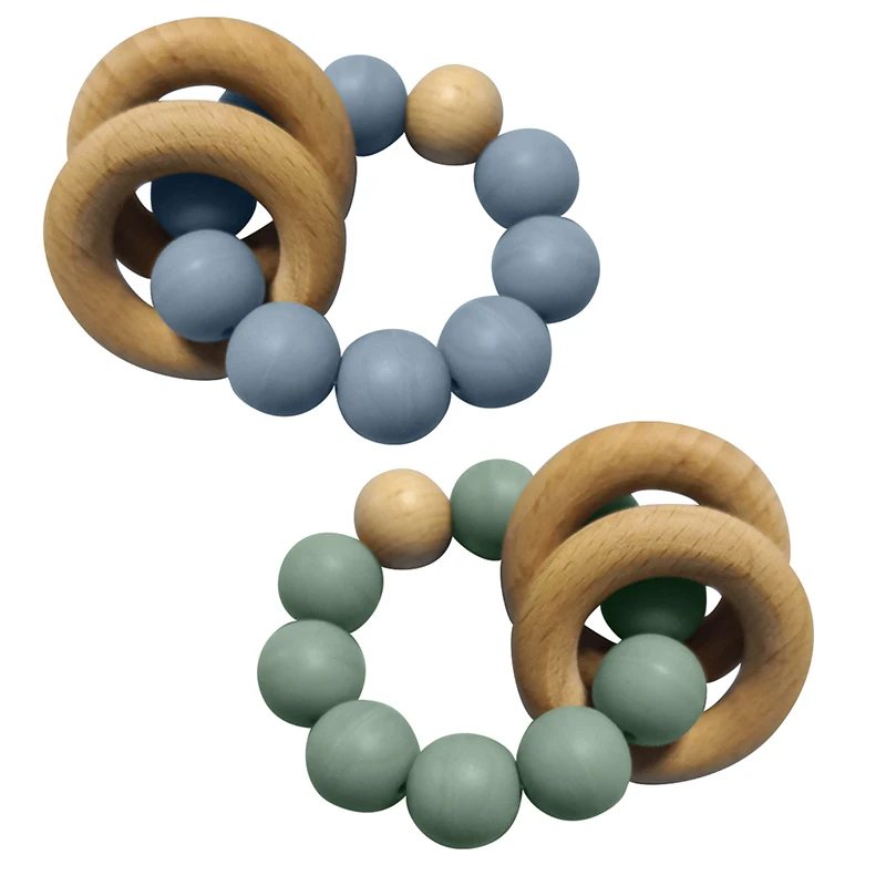 Custom Eco-Friendly Baby Teething Toy BPA free Silicone Teether with wooden ring