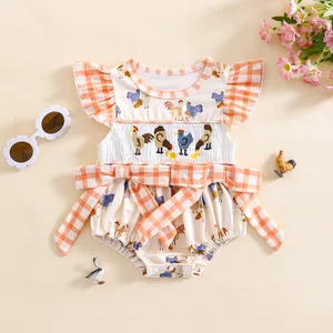 Custom ODM Cute Baby Girls Summer One-Piece Shirred Smocked Flying Sleeves Cartoon Print Rompers