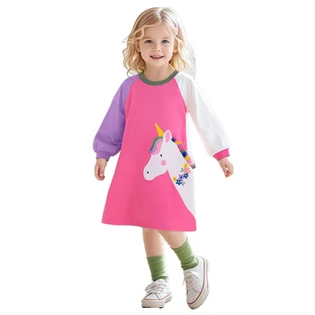 Autumn Spring Girls' Casual Dress with Long Sleeves O-Neck Collar European American Style Cartoon Cotton Skirts for Cute Girls