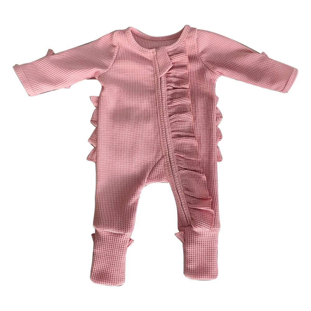 Baby Girls Waffle Knit Ruffled Footie With Bow Snug Fit Baby Ruffled