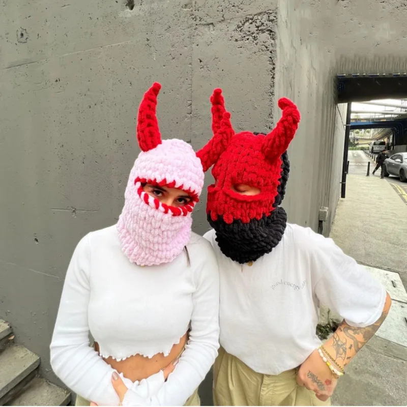 Halloween Party Funny Crochet Red Ox Horn Balaclava Devil Corner Warm ...