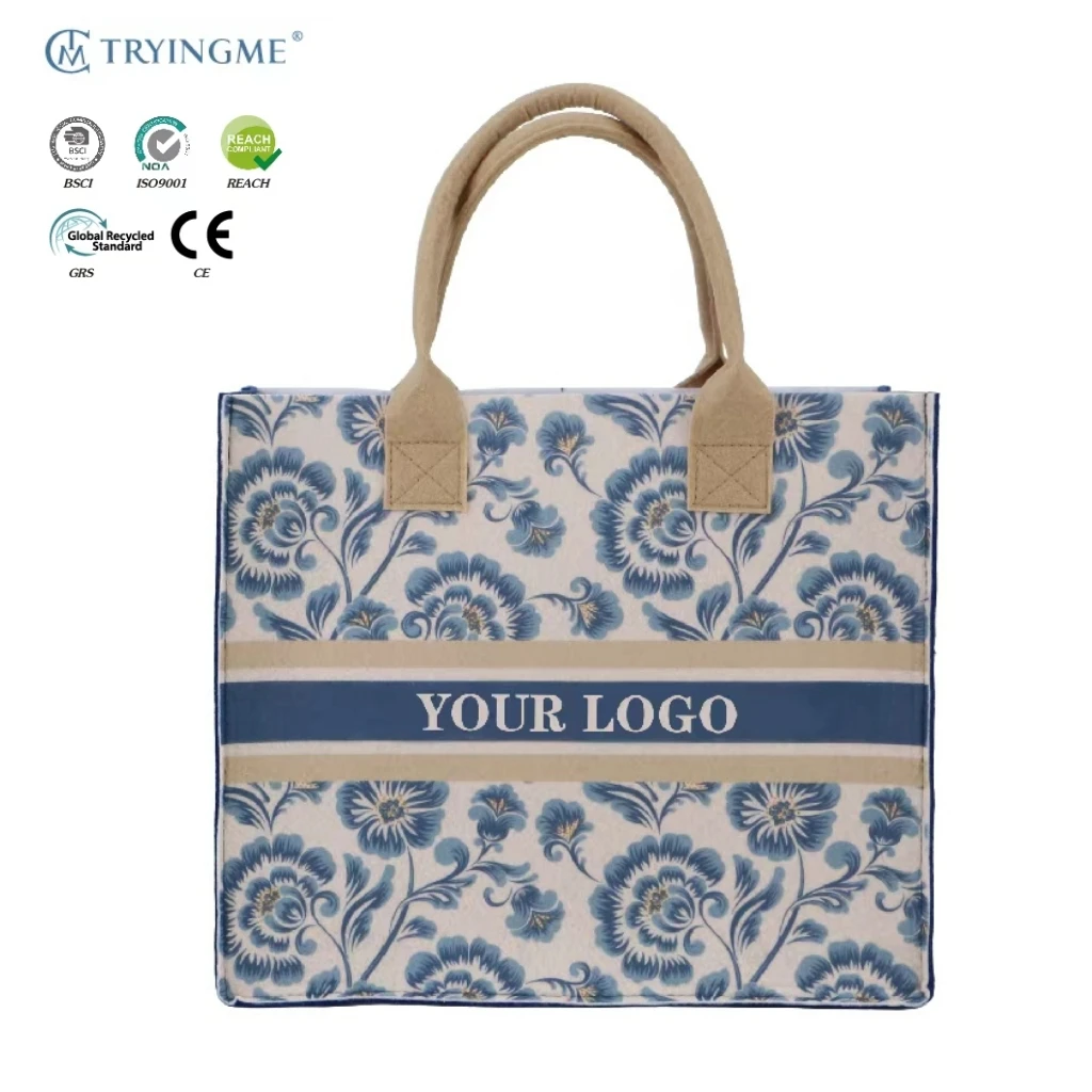 Wholesale Large Lady Felt Tote Bag with Open and Customized Logo Elegant Women Handbag for Shopping