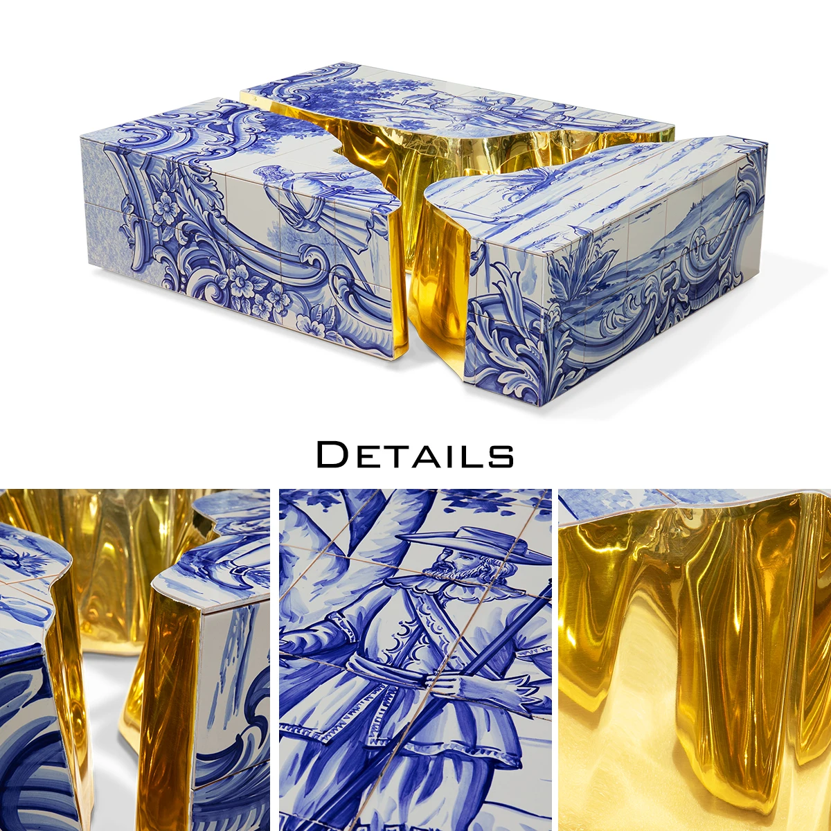 Portuguese Azulejo Center Table - Traditional Hand-Painted Tiles, Polished Brass, Modular Design