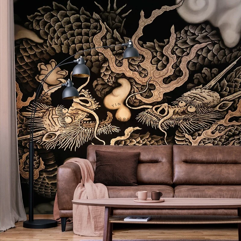 Double Dragon Mural at Inukuni Temple in Kyoto Fabric Living Room Wallpaper