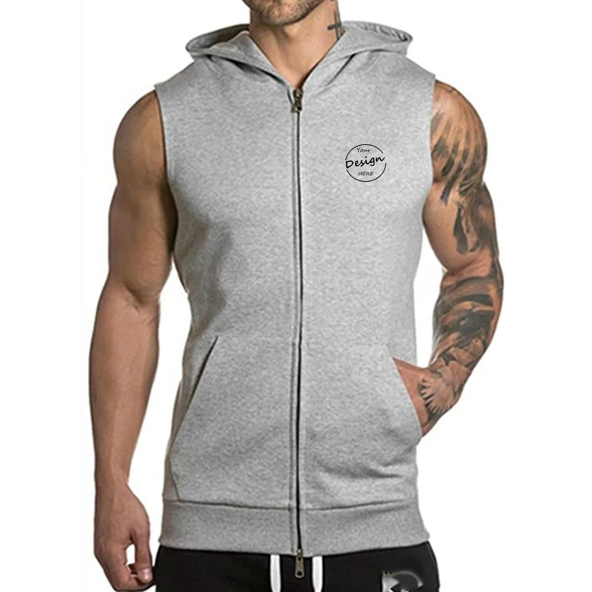 Blank zipper vest workout hooded tank tops bodybuilding muscle men's sleeveless gym hoodie men tank top with hood