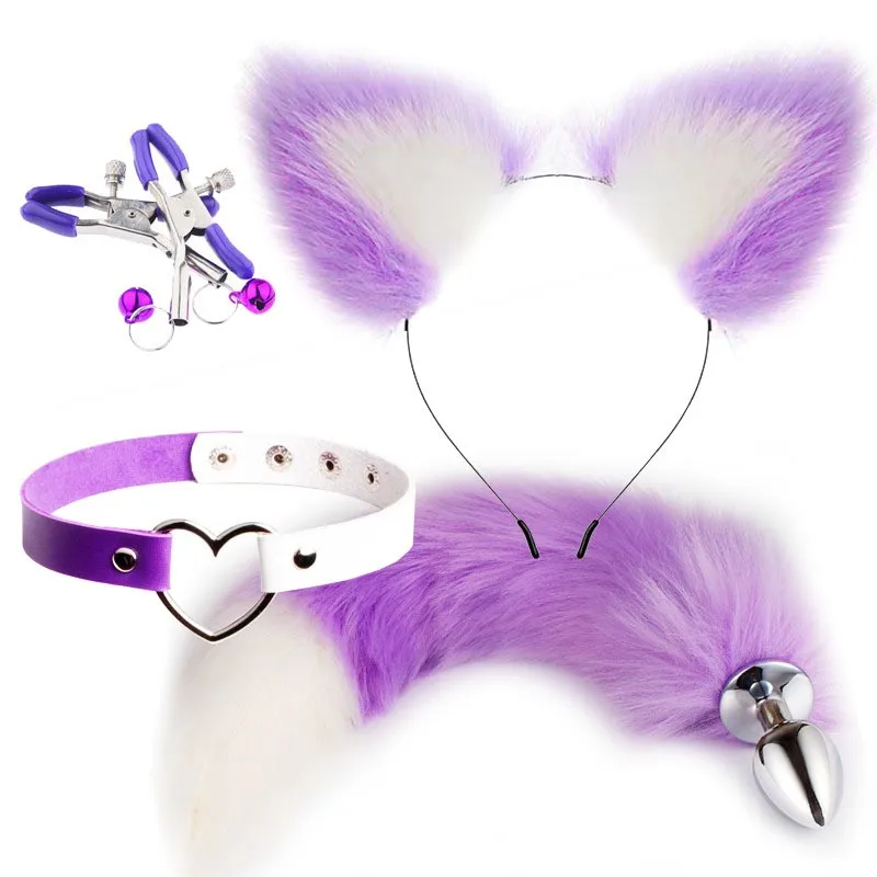 Metal Butt Plug 4 In 1 Fur Set Skin Friendly Smooth Touch Anal Plug Fox Tail Breast Clip Hairpin Couple Cosplay Multi-color_voghion.com