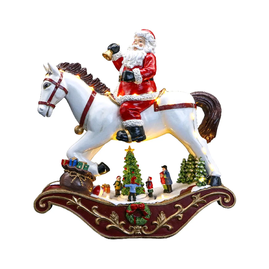 Led Light Hand Painting Craft Santa on Rocking Horse with Figurine Moving Resin Sculpture Battery Operated for Christmas Decor