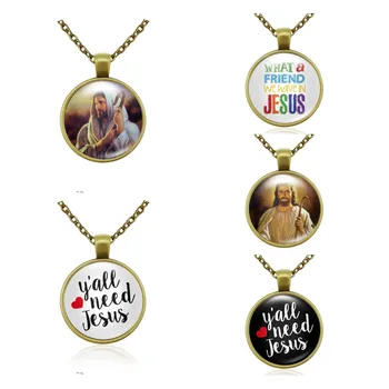 Custom Design Christian Jesus Loves Me Glass Cabochon Pendant Chain Necklace