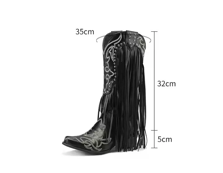 Ladies Cowboy Horse Riding Boots V Month 5cm Block Heel Women Knee High Western Boots With Fringes - Image 6