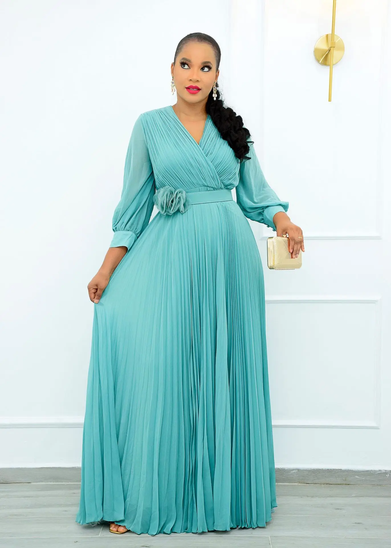 DP8117 New Design Temperament Tommuter Splicing High Waist Loose Long Dress Plus Size Womens Dress Pleated Dress With Free Belt