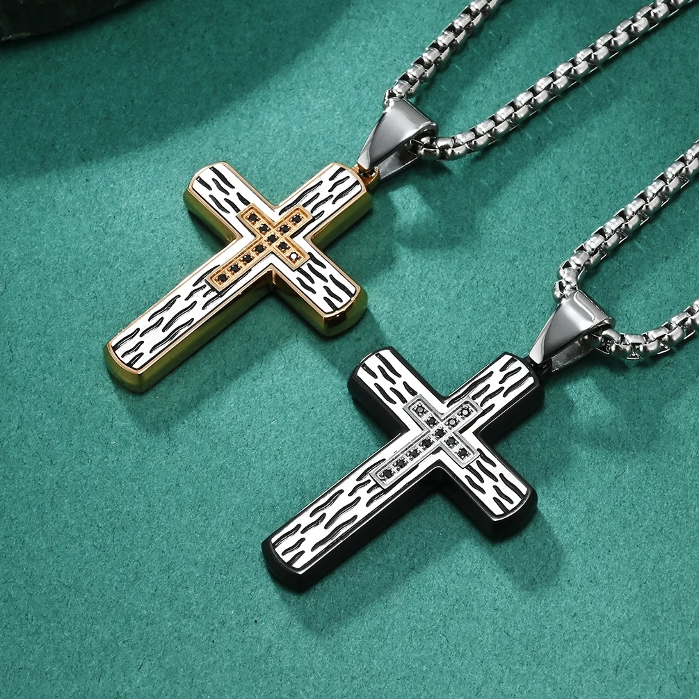 18K Gold Plated Pendant Hypoallergenic Christian Jewelry Cross Pendant Necklace Stainless Steel Diamond Cross Necklace for Men