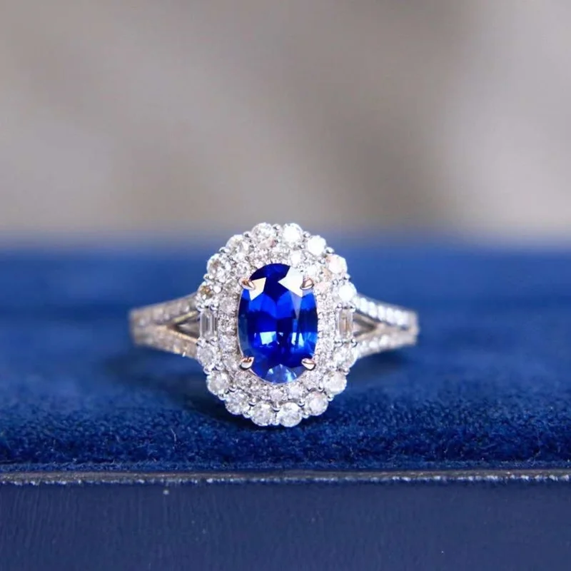 Bague De Fiançailles Halo Or Blanc 14k Saphir Bleu Ovale Créé En Labo - Tailles 4 à 12 US