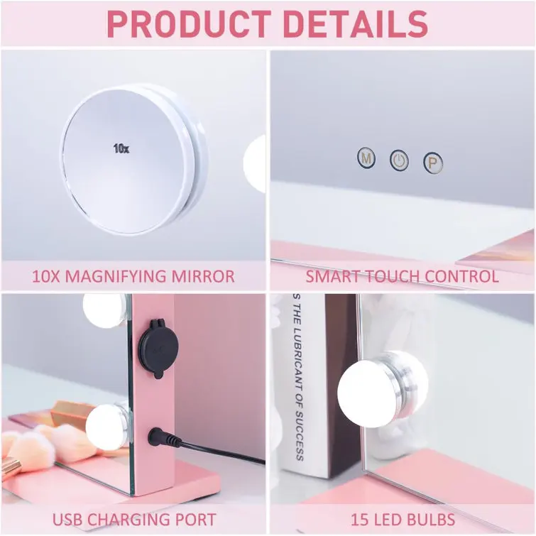 Modern Hollywood Makeup Mirror with 3 Color Temperature Adjustable Brightness and USB Charging Port