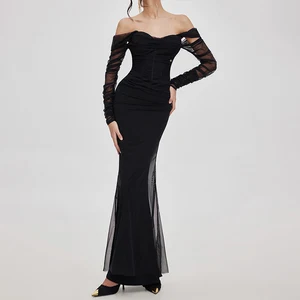 ZYHT 70141 Fashion Backless Sexy Mesh Dinner Dresses for Ladies Off Shoulder Long Sleeve Mermaid Black Women Evening Party Dress