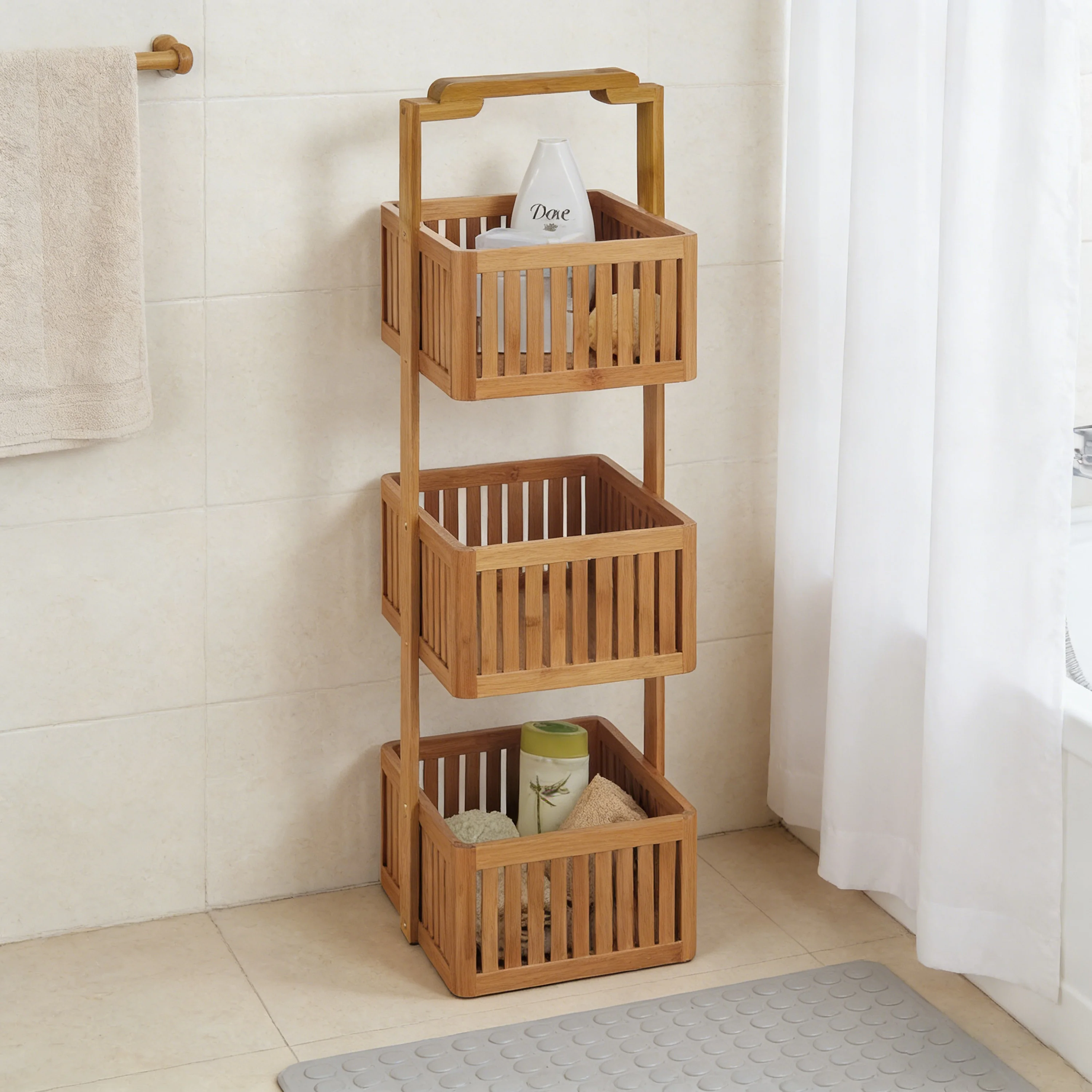 Custom Bamboo Storage Basket Rack  with Handle Bathroom Shower Shampoo/Soap Holder for Bathroom Accessories