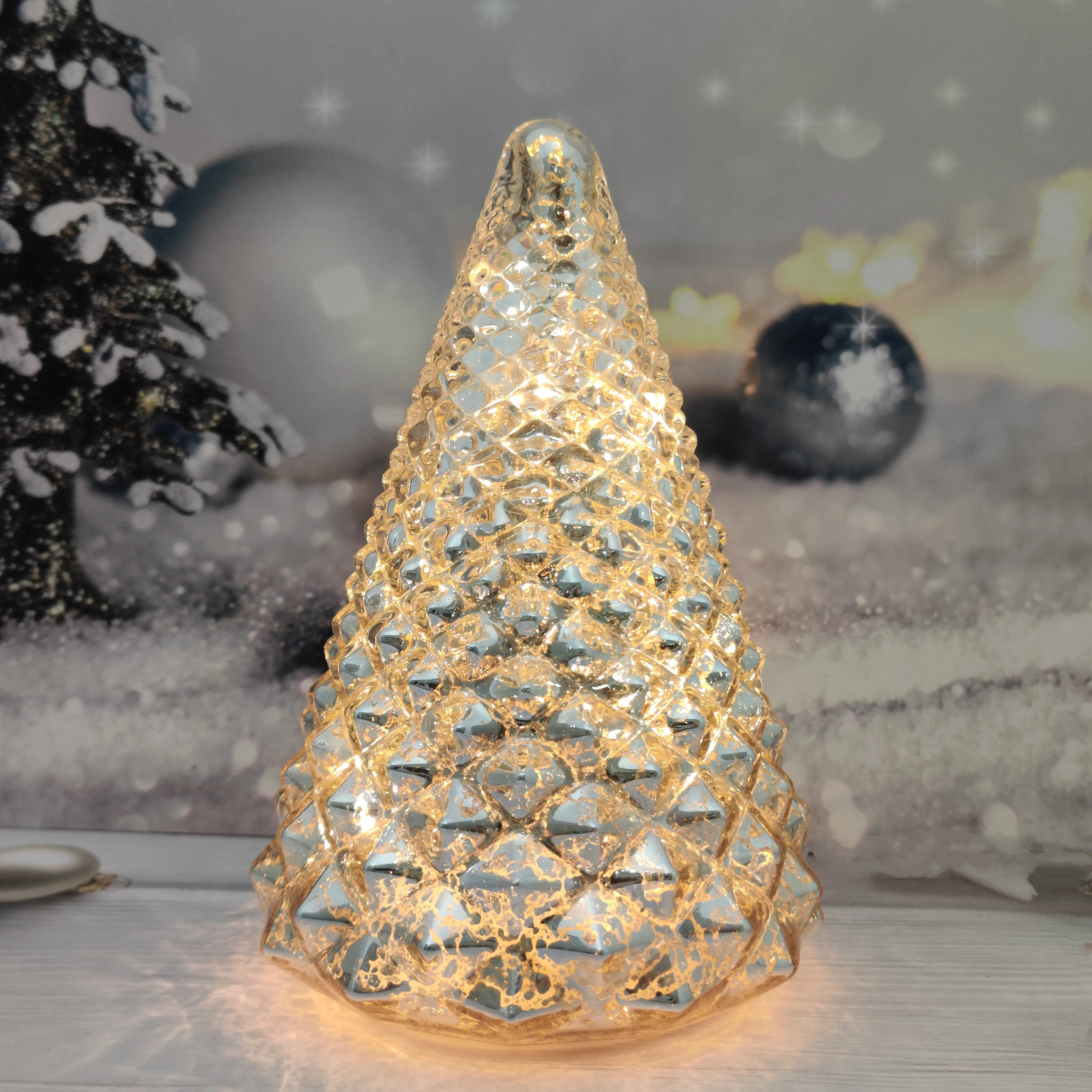 Battery operated handmade mercury glass Christmas ornament tree figurine with led light details