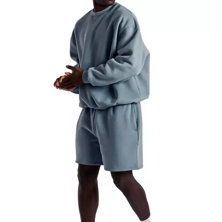 JL0824B Cotton Crewneck Sweatshirt Sweatsuit Plain Shorts Set Embroidery Men’s Crew Neck Sweatshirt and Shorts Set