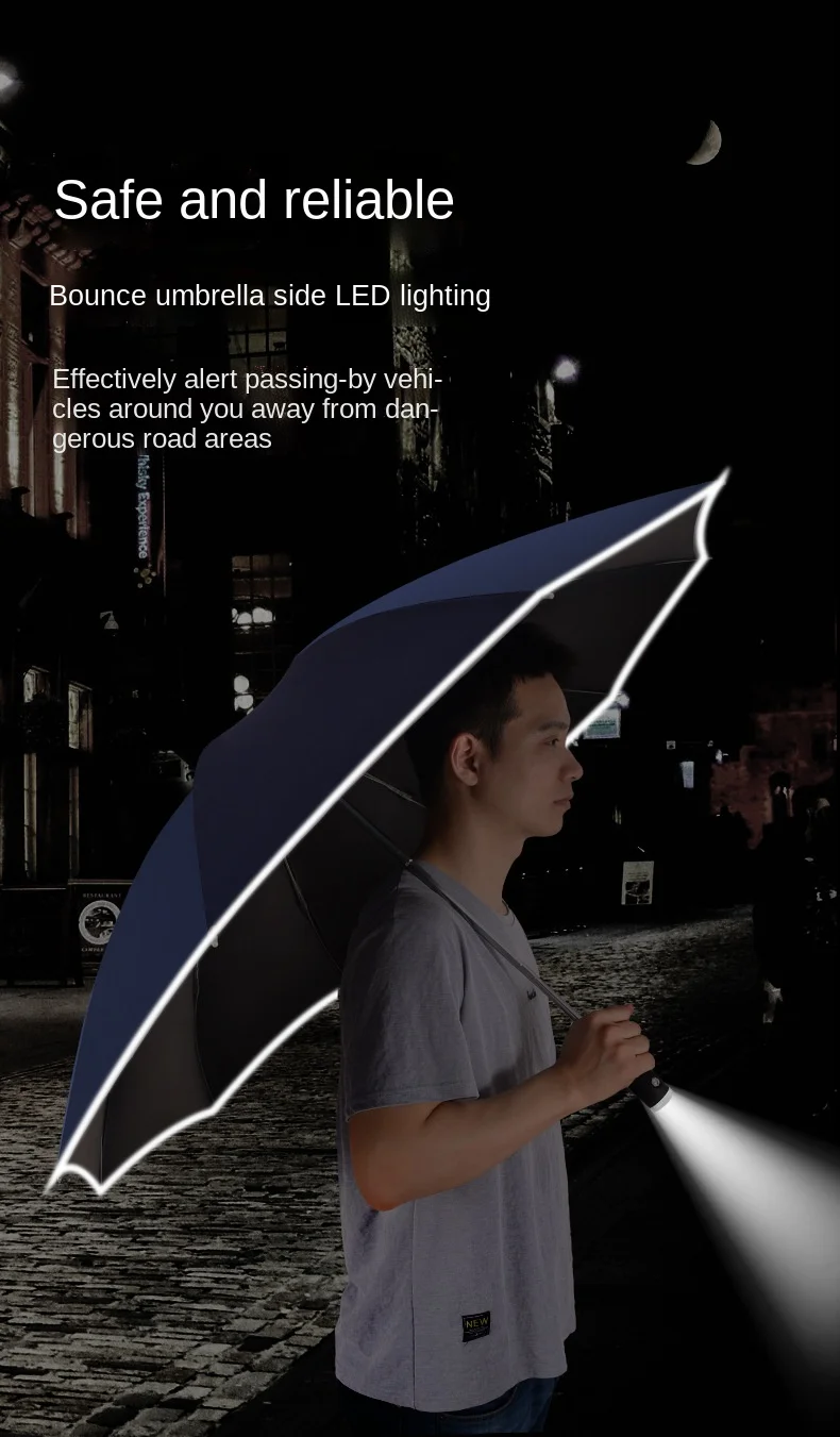 Outdoor 23inch 10 ribs windproof auto open button led flashlight 3 folding light umbrella black with printing  logo