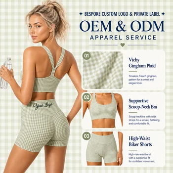 Womens Checkered Yoga Set Racerback Padded Sports Vest High Waist Shorts Quick Dry Stretch Fitness Outfit